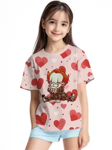 Love-themed Sitting Clown Digital Printed Summer Fashion Girls' Clothing, 100% Polyester Designed for Energetic Kids, Cute Girls' Short-sleeve T-shirts, Summer Casual Children's Clothing, Outdoor Sports T-shirts