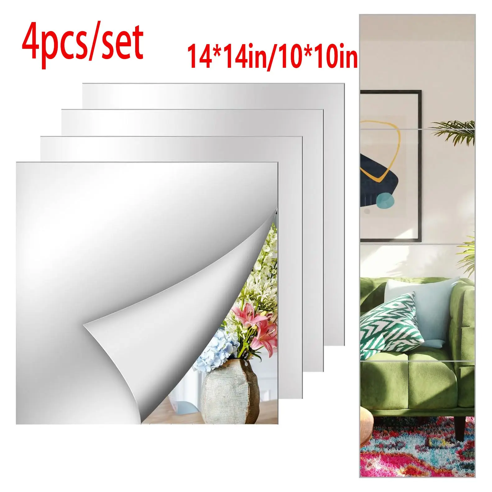 4-Pack Full-Length Wall Mirrors, 14x14 Inch/acrylic Mirror Tiles, Shatter-Resistant Flexible Plastic Mirror Panels for Bedroom, Home Gym Door, Living Room Wall Decor, Decorative Stickers