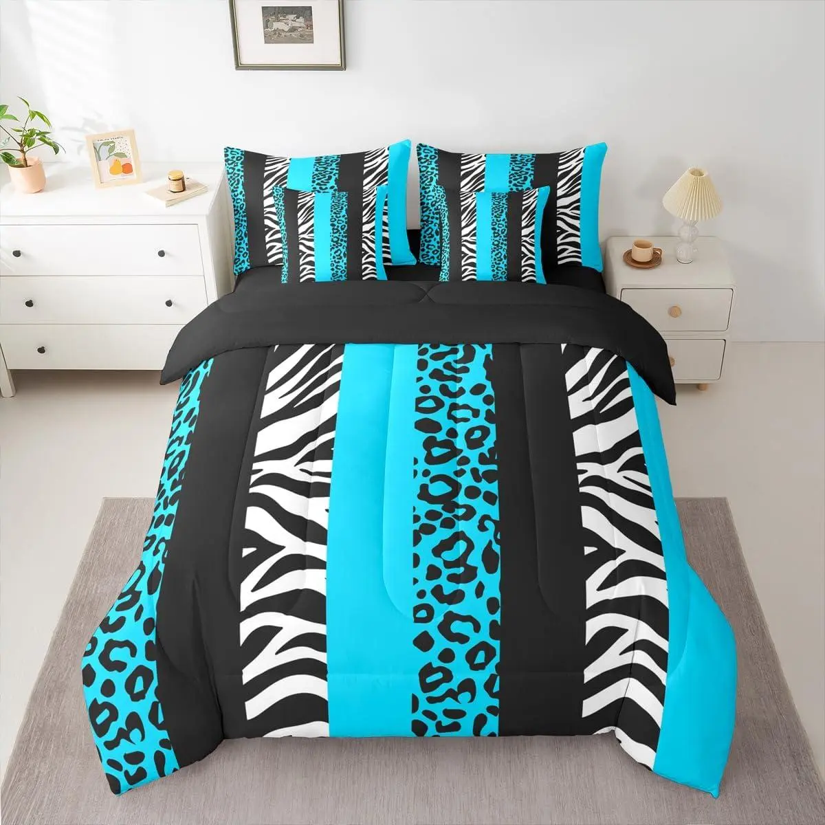Zebra Stripes Comforter Set with Sheets 7 Piece Leopard Print Bed in a Bag Zebra Leopard Fur Bedding Set Wild Animal Skin Bedroom Decor Balck Blue Soft Microfiber