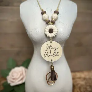 Stay Wild Beaded Lanyard with Wooden Charm and silicone beads. creative id badge holder