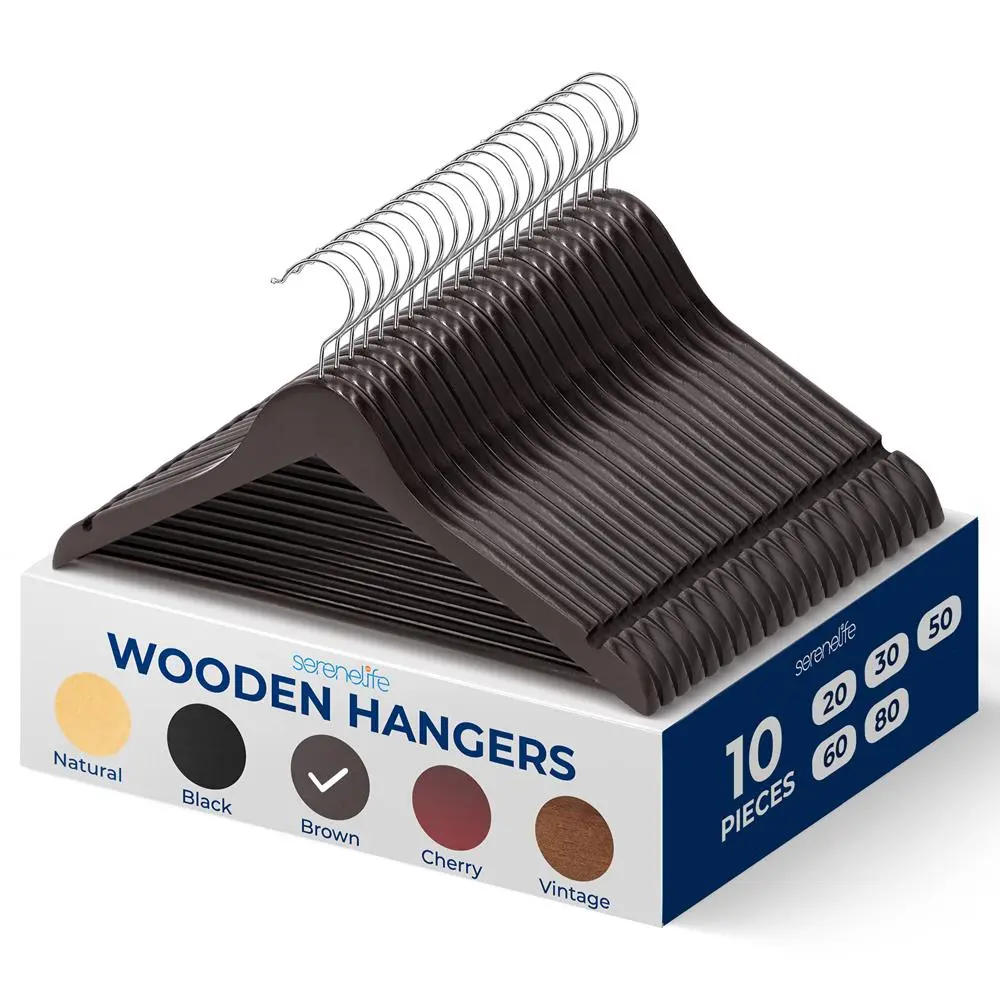 10 Pack Natural Brown Wooden Coat Hangers - Sturdy Rotatable Household Hangers with 360-degree Swivel Hook, Pants Bar, Smooth Finish - Space-saving Closet Organizer for Jackets, Frustration-free Boxed Home Essential, Durable