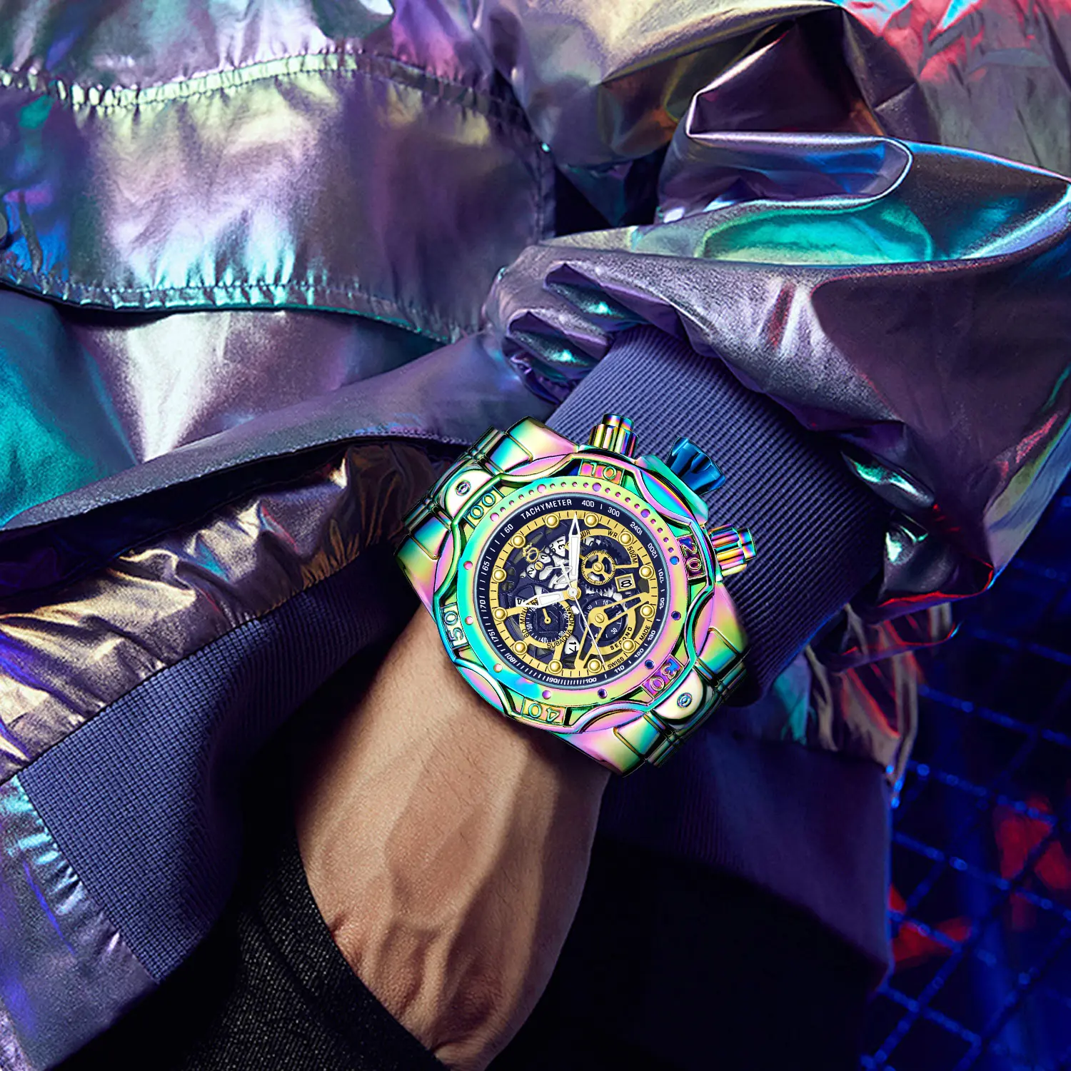 Neon Steel Men's Watch Punk Street Style Fashion Accessory with Quartz Gift Box Packaging luxury dress watch Oversized Dial & Mustache Design Steel Chain Strap Unique Gift Idea