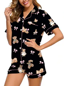 Women's 2-Piece Teddy Bear & Bow Print Pajama Set, Short Sleeve Button-Down Shirt, Sweet Homewear, Casual All Seasons