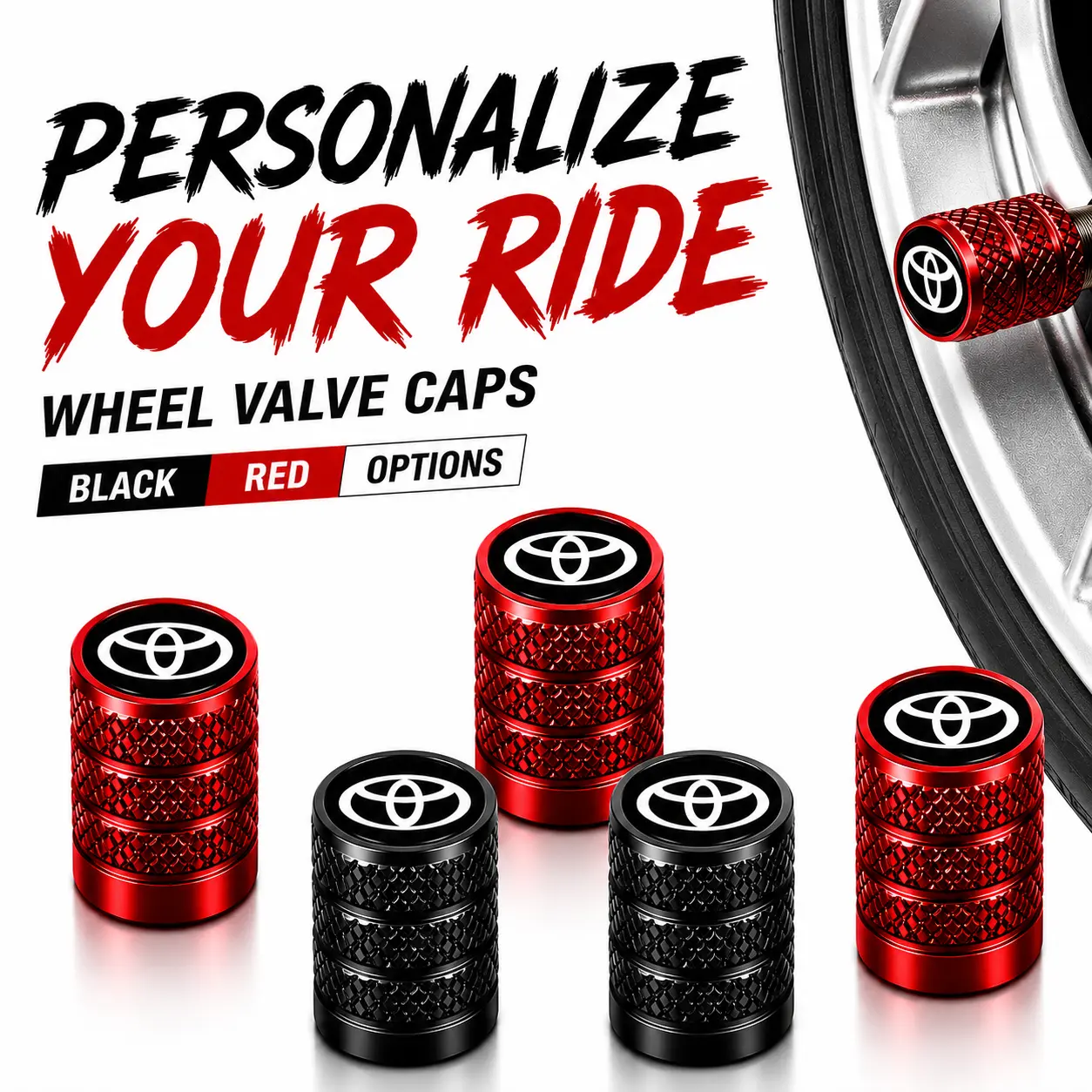 5-Pack Toyota Logo Knurled Aluminium Metal Tire Valve Stem Caps, Rubber O-Ring Leakproof Anti-Corrosion Dustproof, TPMS-Safe for RAV4 Camry Tacoma Highlander Corolla Tundra 4Runner SUV/Truck, Universal Schrader Valve Auto Wheel Mod Decor Parts, Cars, Truc