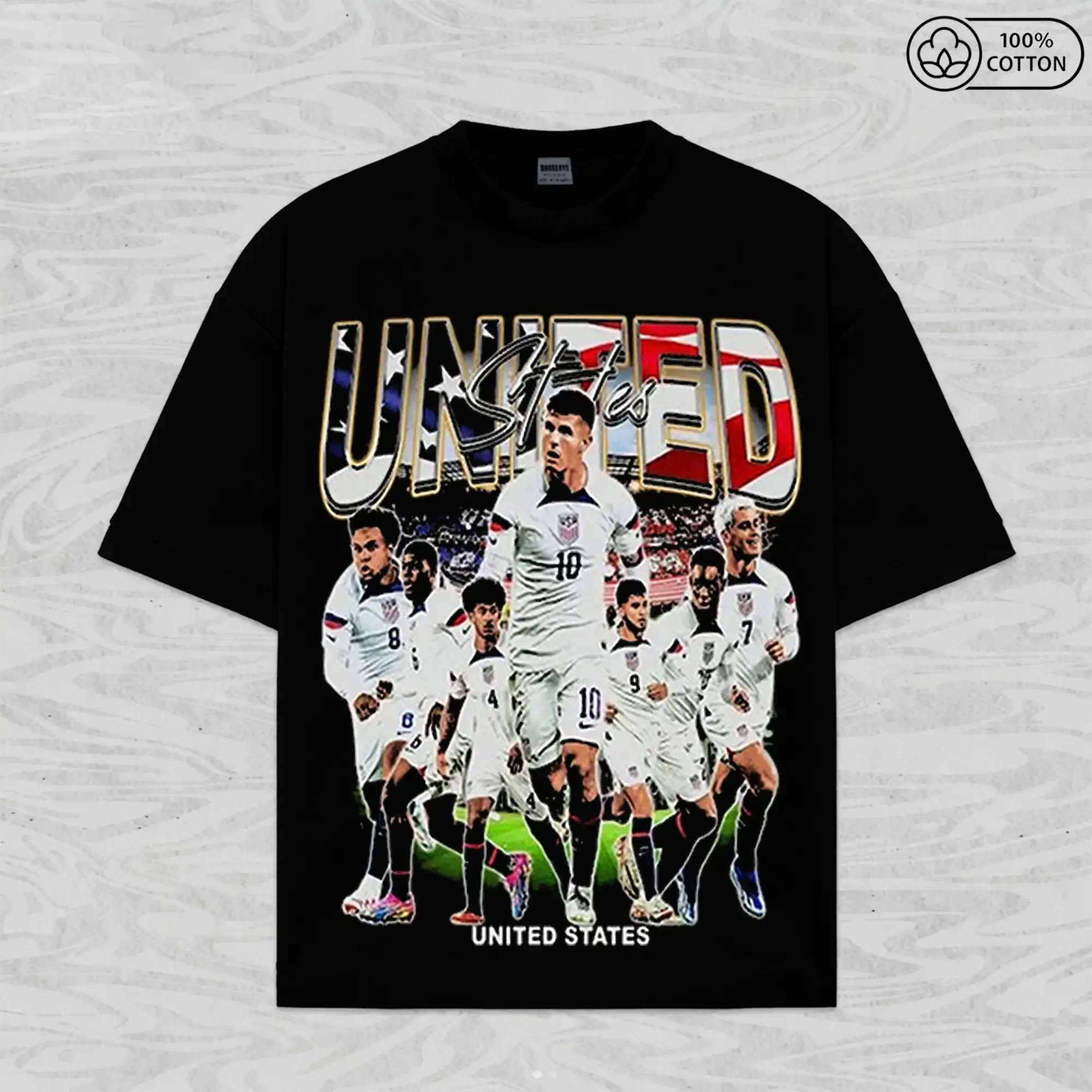 Menswear USA Soccer Oversized 100% Cotton Short-Sleeve Crew Neck Graphic Print Tee - Streetwear Top for USMNT Pulisic Fans, Sports Gift, Sporty Chic, Patriotic Comfortable Football Top, Tshirt, Patriotism