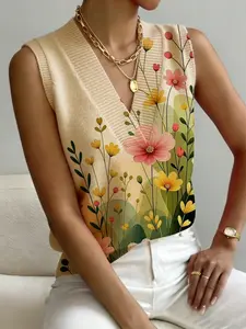 Women's Casual Floral Print V-Neck Sleeveless Knit Sweater Vest, Comfortable Breathable Colorblock Design, Spring Summer Fall Fashion Sleeveless Vests