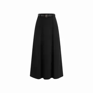 Cider Stretchy Mid Rise Solid Maxi A-line Skirt With Belt