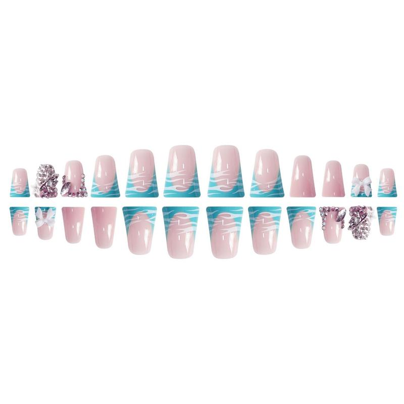 Bow Decor Fake Nails with Nail File & Tape, 24pcs Duckbill Shaped False Nails for Women & Girls DIY Nail Art, Effortless Pressed on Nails Manicure Set, Acrylic Nails, Icy Blue, Rhinestone Bow Decorated