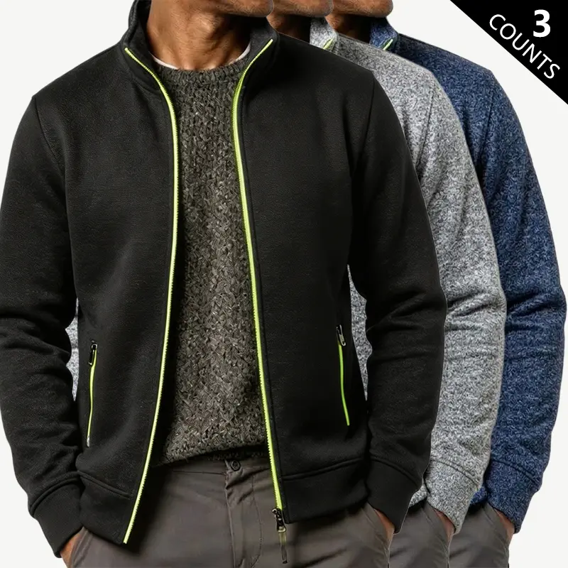 Men’s 3-Piece Plain Minimalist Solid Monochromatic Stand Collar Zipper Outer Jacket Set, Long Sleeve Thin Fleece Hoodless Coats for Spring/Autumn, Menswear Lightweight Outerwear