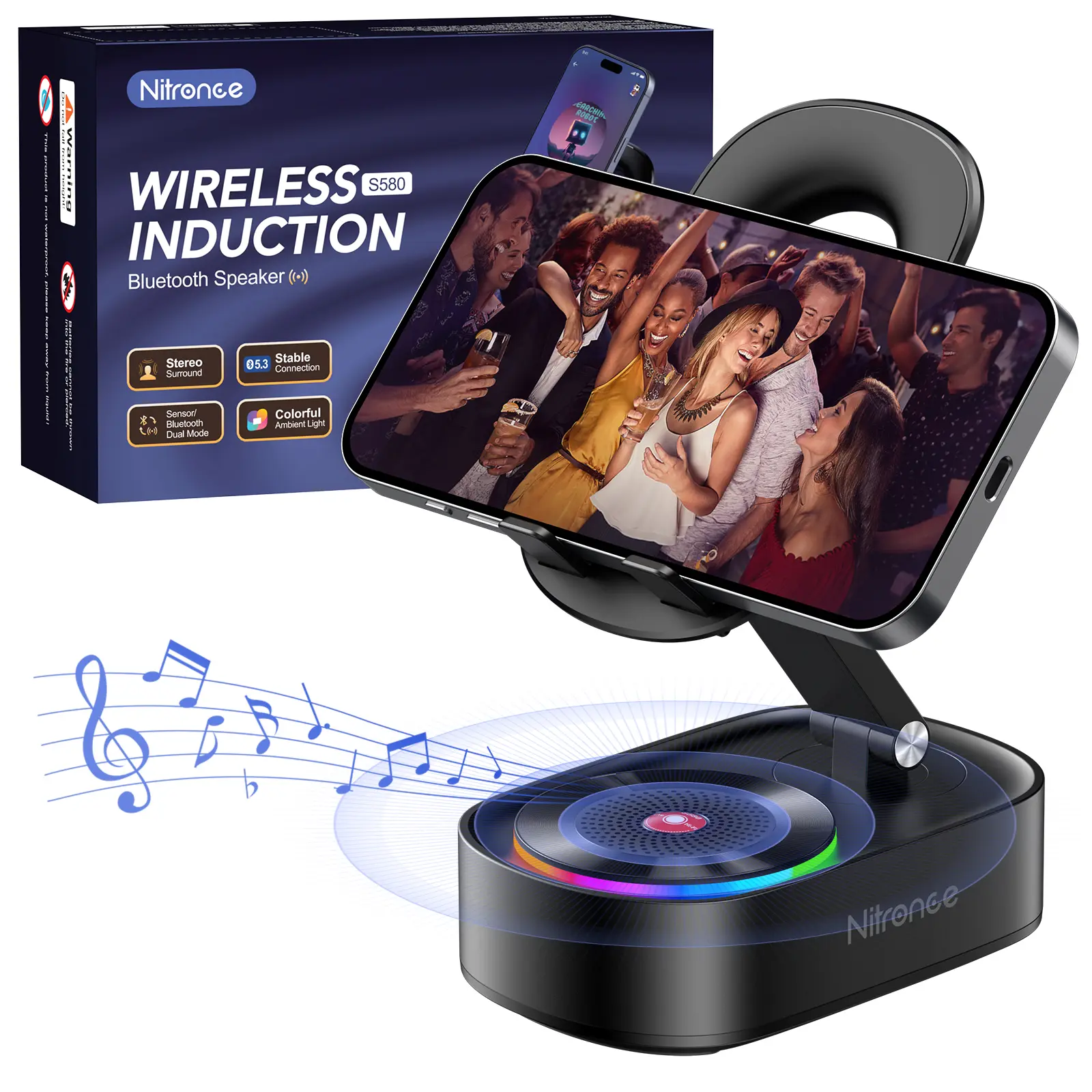 Wireless Induction Bluetooth Speaker Stand - 5-in-1 Cellphone/Tablet Holder, 3500mAh Rechargeable Emergency Power Bank, 360° Adjustable, Colorful Ambient Light, Speaker Bluetooth Gift for Men, TikTok Shop Back to School, Bluetooth Speakers