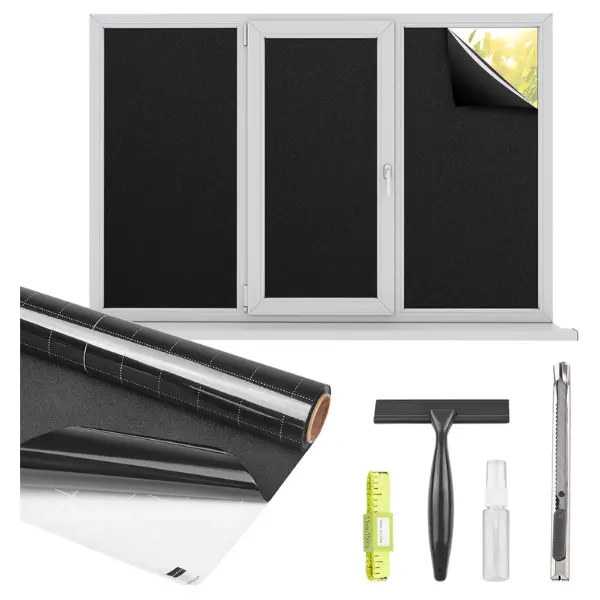 Blackout Window Privacy Film Total Light Blocking Room Darkening Window Covering, Removable Static Cling Frosted Glass Tint, Non-Adhesive, Black 17.5'' x 78.7''
