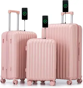 Luggage Sets 3 Piece, Carry On Luggage Set with Cup Holder and USB Port, Hardshell ABS Suitcase with TSA Lock Double Spinner Wheels Hook, Lightweight Suitcase 20/24/28in, Pink