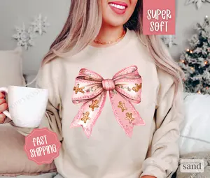 Gingerbread Bow Sweatshirt, Merry Christmas Sweater, Women's Holiday Crewneck