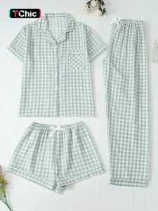 Three-Piece Women's Plaid Print Short Sleeve Button Front Top with Pockets and Bow Shorts, Casual Home Wear Set for All Seasons