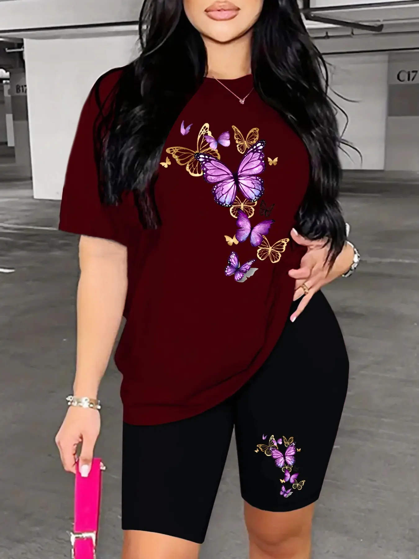 Women's Gold Butterfly Print Short Sleeve T-Shirt and Cycling Shorts Set, Fashion Casual, Two-Piece Suit, Clothes