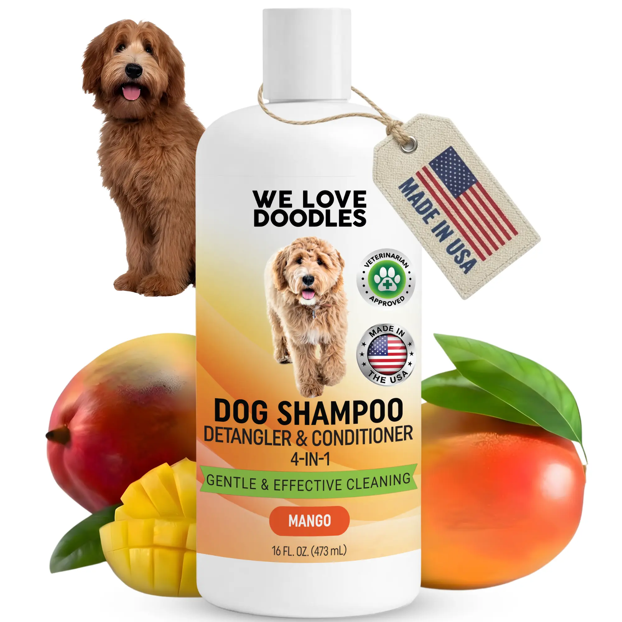 We Love Doodles Mango Dog Shampoo 4-in-1, Natural Formula with Lavender Scent, Cleans, Conditions, Detangles, Moisturizes, for All Breeds Puppies and Sensitive Skin, 16 oz
