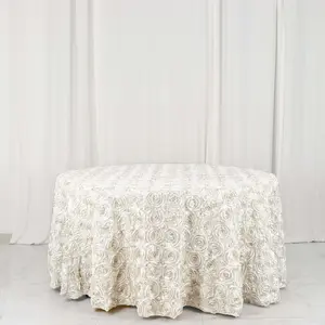 Satin Round Tablecloth 120" Ivory - Grandiose 3D Rosette Table Cover