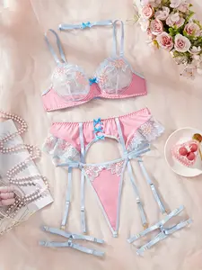 Sexy Lingerie Set with Delicate Floral Embroidery 6 Piece Garter Set Underwire Bra Sheer Mesh Multicolor Spaghetti Strap Bralettes for Romantic Holiday or Boudoir Photoshoot