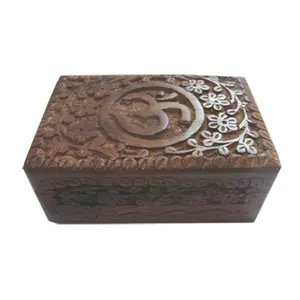 OM Carved Wooden Jewelry Box w/ Front Design (6 x 4 in.)
