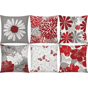 Red Grey Pillow Covers 16x16 Set of 6 Decorative Burgundy Daisy Throw Pillow Cover for Couch Modern Farmhouse Cushion Cover for Patio Sofa Bed Living Room Home Decor