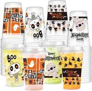 48 count Halloween Plastic Cups 16oz Disposable Clear Drinking Cup with ,4 Style Patterns for Hot and Cold Drinks, Coffee, , Drinks, Ice Cream, Trick or  Halloween Party Decoration Supplies