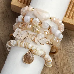 Fashion Bohemian Stack Bracelet Natural Stone Glass Mixed Bracelet Original Stone Pebble Bracelet 5pcs Women's Bracelet Set Crystal Beaded