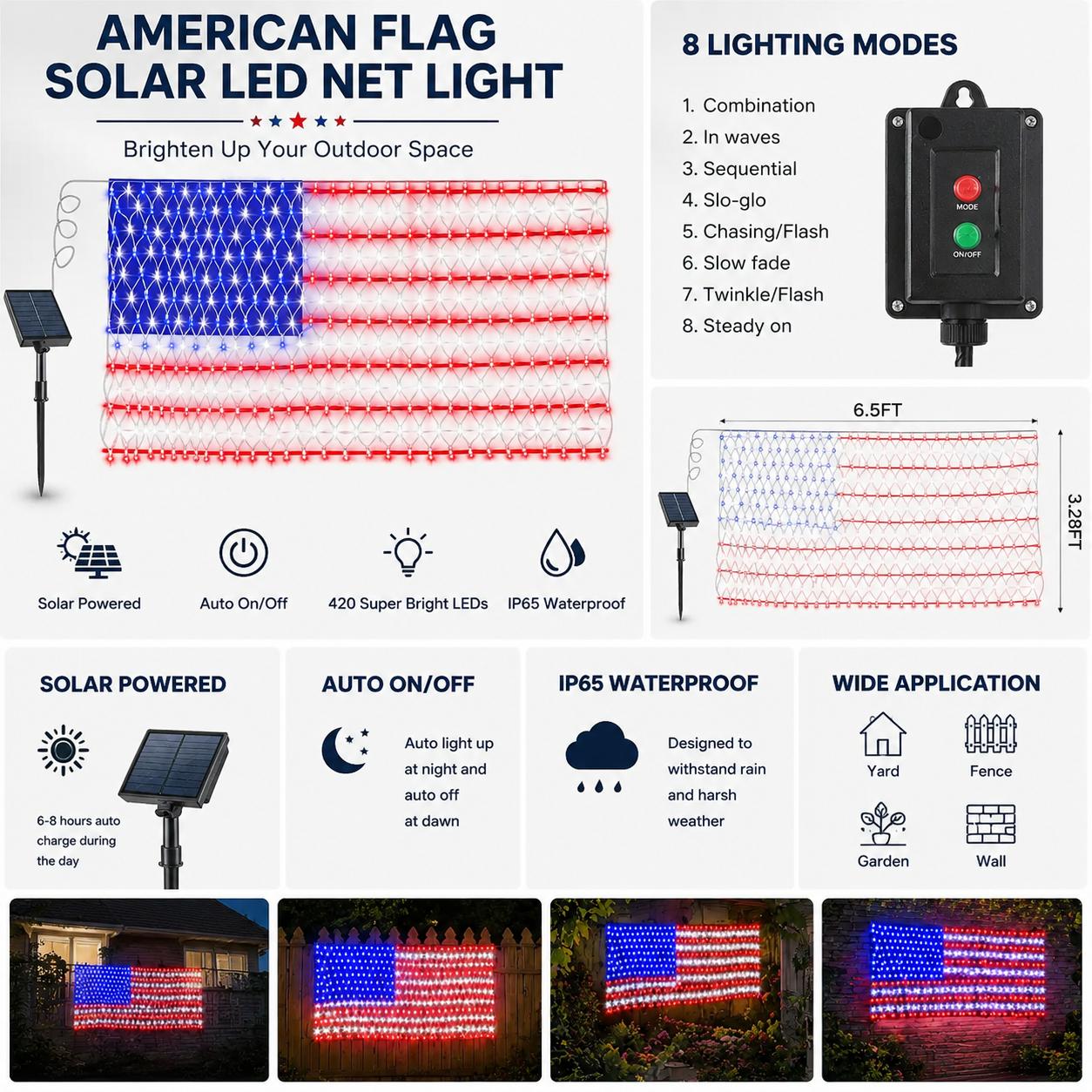 Solar American Flag Net Lights Outdoor Display
