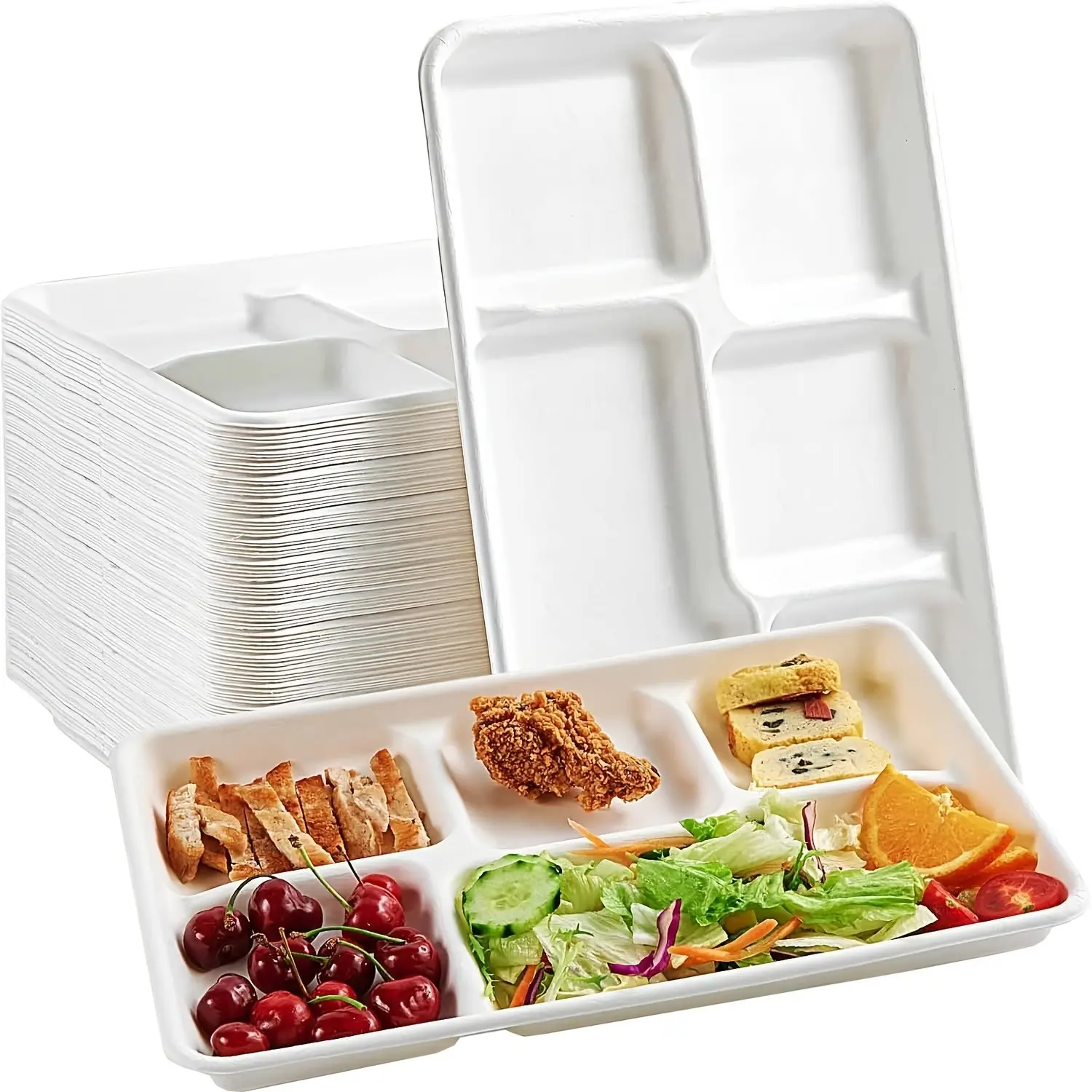 50 Pack 5 Compartment Plates, Disposable Compartment Paper Plates, 12.5 * 8.6 Inch Sugarcane Plates, School Lunch Trays, Parties, Picnic, Camping, Christmas, Wedding, New Year, Valentine's Day Gift