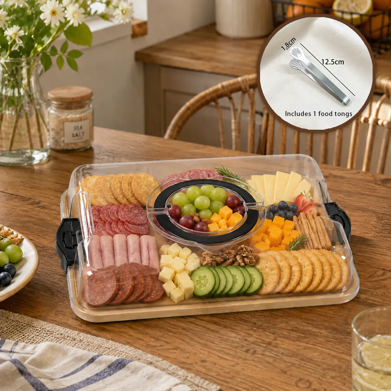 Bamboo Artificial Wood Food & Cheese Tray with Lockable Transparent Cover, Compartments, 1 Stainless Steel Tongs, Lightweight Kitchen Containers - Ideal for Parties, Housewarming Gifts (Home & Party Supplies)