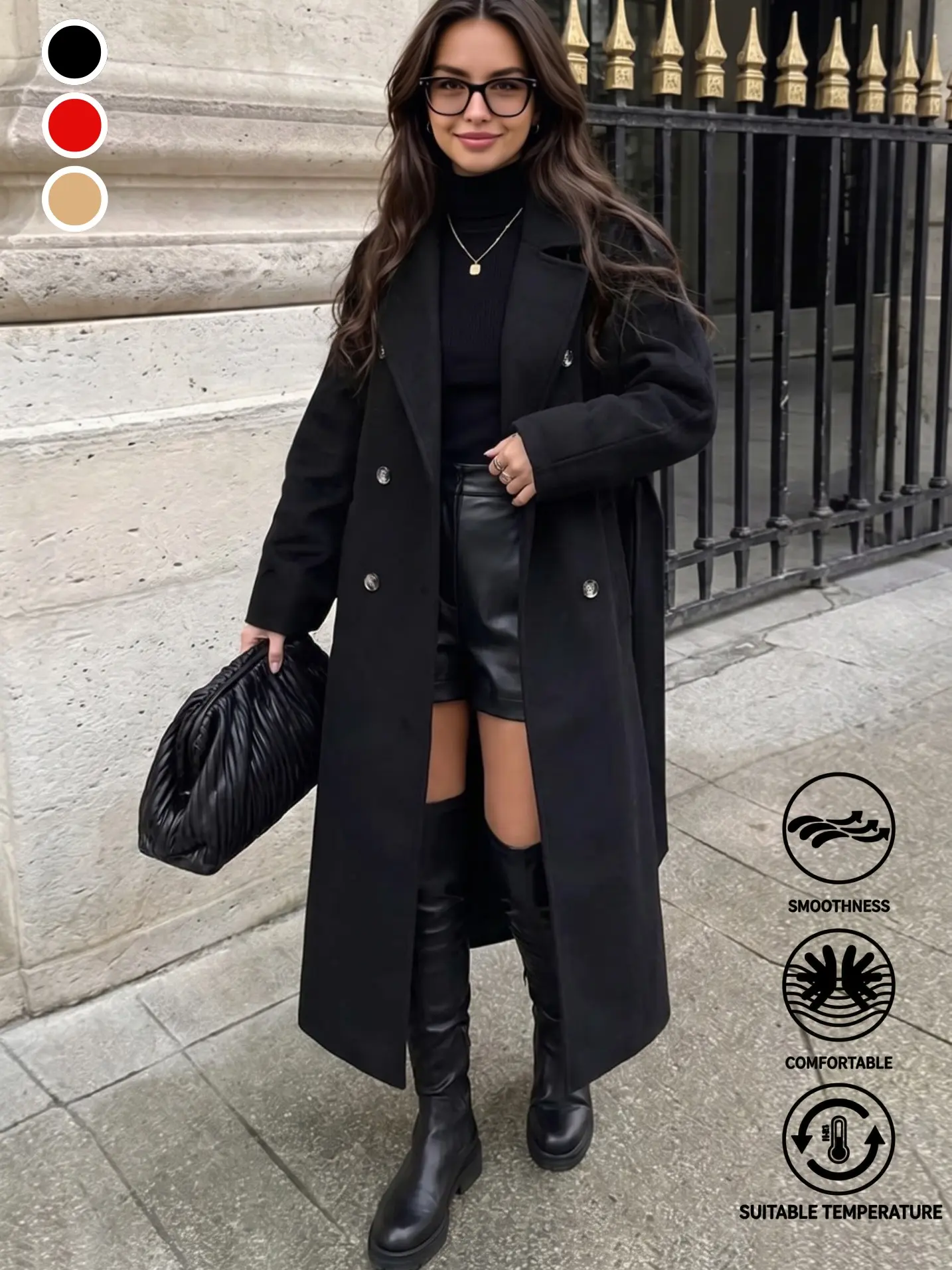 Women’s casual fashion overcoat featuring a double-breasted design, knee-length straight cut with a relaxed drop-shoulder fit, available in multiple colors, warm and comfortable, perfect for creating a laid-back look—ideal for going out, street photograph