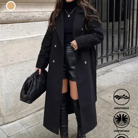 Women’s casual fashion overcoat featuring a double-breasted design, knee-length straight cut with a relaxed drop-shoulder fit, available in multiple colors, warm and comfortable, perfect for creating a laid-back look—ideal for going out, street photograph