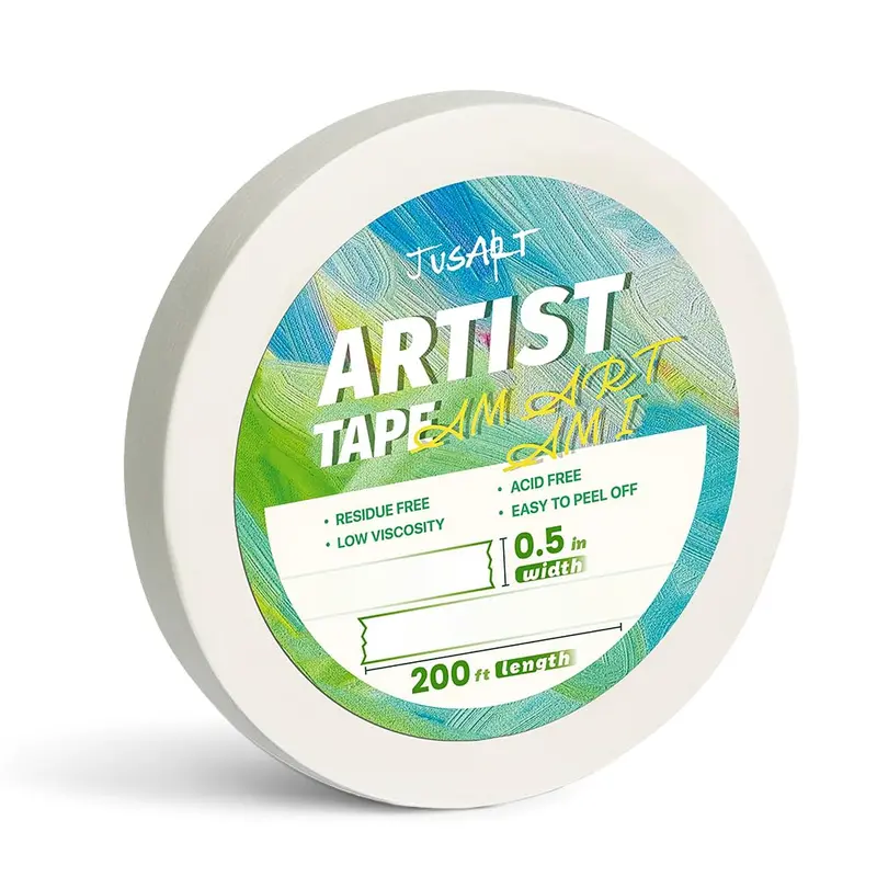 JusArt Self-Adhesive Translucent Pulp Artist Masking Tape - 0.5 inch W x 200 ft L, White, Low-Tack, Invisible Adhesive, Residue-Free, Acid-Free, Bleed Proof, Easy-to-Peel, Repositionable Office Stationery for Painting, Clean Edge Watercolor Paper