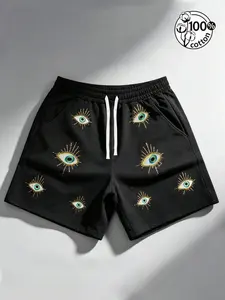 Unisex 100% Cotton Evil Eye Embroidered Graphic Loose Shorts | Mystical Y2K Streetwear Casual Athletic Pants