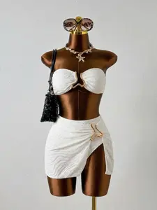 Women's Metal Decor Bikini Set, Bandeau Swim Top, Ruched Bikini Bottoms, Fashionable & Sexy Design, Perfect for Beach Parties & Vacations, Ladies Swimwear