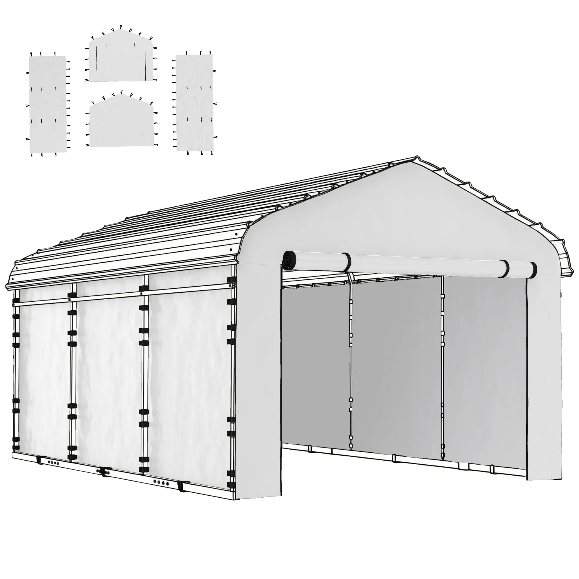 4-Piece White 12x20 Outdoor Car Shelter Replacement Sidewall Cover Set, UPF50+ UV-Resistant Waterproof PE Fabric, Roll-Up Zipper Door, 230.3" Long Wall, 149.6" Wide Wall, 230.3in L x149.6in W x98.8in H, Hook-Loop Ties, Easy-Install Patio Gazebo Accessory