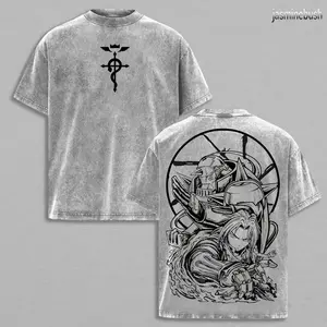 Fullmetal Alchemist Brotherhood Oversized Washed Graphic Tee – Vintage Heavy Cotton T-Shirt, Classic Anime Streetwear Top, Perfect for Manga Lovers & Dark Fantasy Fans K9N