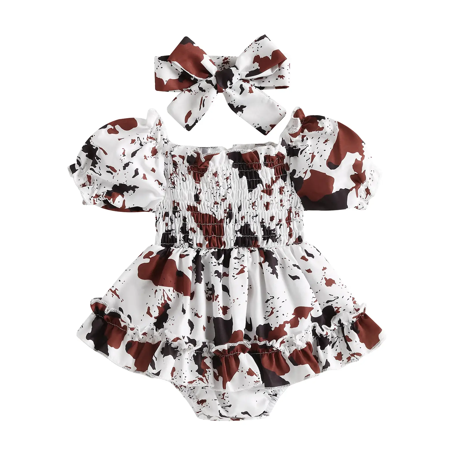 Western Baby Girls Romper Dress Newborn Cow Print Puff Short Sleeve Ruffles Skirt Hem Smokced Bodysuit Jumpsuit with Headband