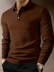 Men's Long Sleeve Casual Striped Fitted Polo Shirt, Spring & Fall New Arrival, Solid Color, Trendy Collar, Versatile Fashion Top