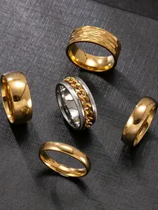 5 Piece Fashion Stainless Steel, Simple Chain Pattern Diamond Shape Polished Multi-Style Luxurious Gold Plated Stackable Rings, Statement Multi Ring, Durable No Fading Anti-Allergy