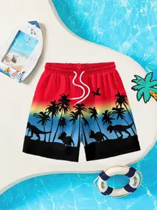 Boys' Coconut Tree & Dinosaur Print Quick-Dry Swim Trunks with Adjustable Waistband, Beach Shorts for Summer Activities, Swimwear Shorts