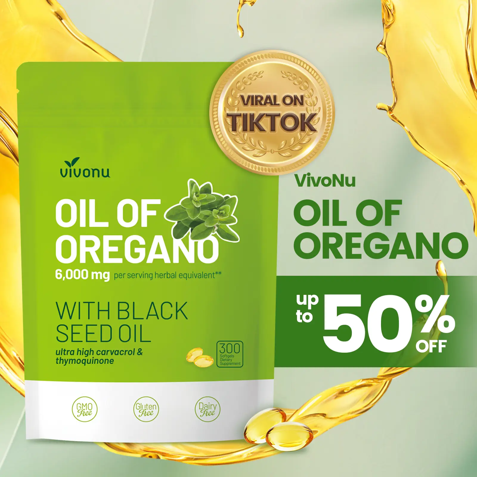 VivoNu Organic Oregano Oil Capsules with Black Seed – 6000mg per Serving, 300 Softgels – Herbal Support for Wellness, Non-GMO, Gluten-Free