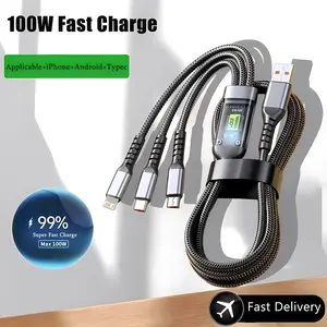 100w Transparent Chip 1-To-3 Phone Charging Cable, 1.2m Braided Durable USB to Type-C/iOS/micro Interface Data Line, Fast Charge Mobile Charger, Cellphone