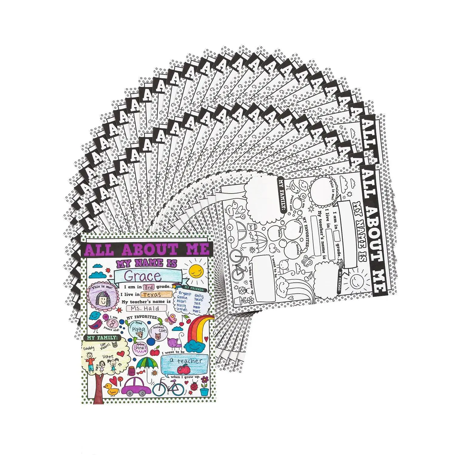 Bulk Buy 150-Pc Color Your Own All About Me Doodle Posters, DIY Toy for Kids to Boost Hand & Eye Coordination, Self-Esteem, Confidence, Personalize It!