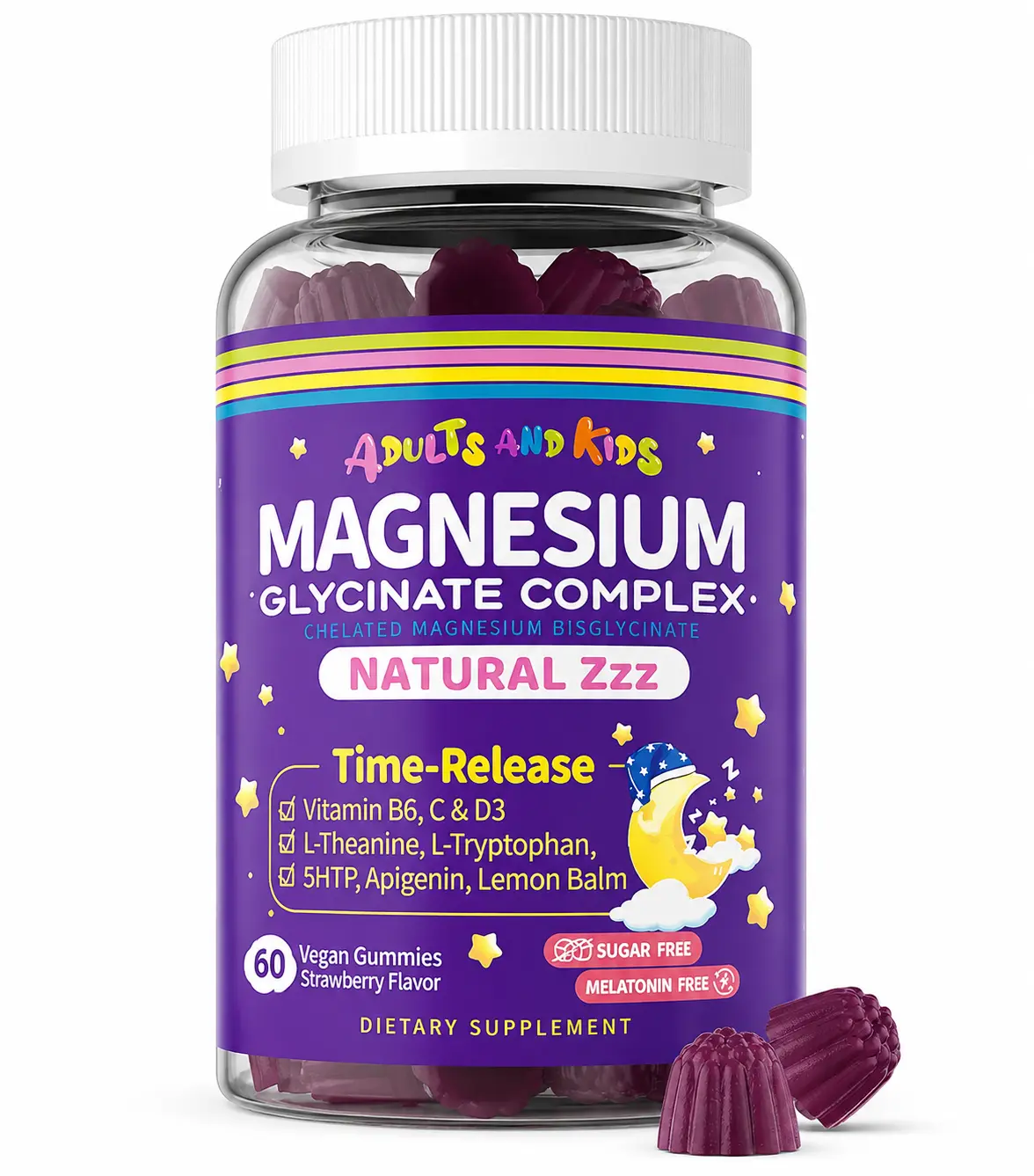 Magnesium Glycinate Gummies for Adults & Kids 4+, Sugar Free Magnesium Bisglycinate Supplement 400/200mg with B6D3, L-Theanine for Sleep & Relaxation, Brain, Muscle, Melatonin Free Gummies,1Pack