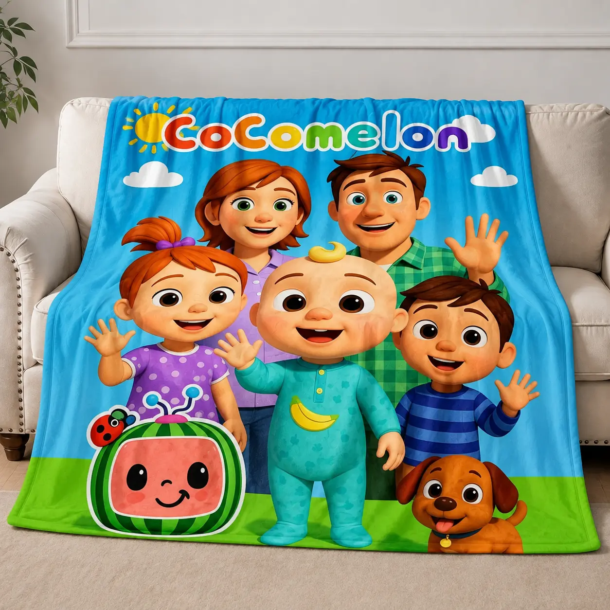 Cocomelon Soft Funny Throw Blanket for Kids & Adults, Cute Cartoon Character Printed Plush Flannel Fleece, Ultra Soft Cozy Air Conditioner Blanket for Sofa Couch Bed, Kids Room Decor, Lightweight Travel Nap All Season Blanket, Birthday Gift