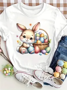 Women's Easter Bunny & Floral Egg Print T-Shirt - Cute Smiling Rabbit with Pastel Eggs & Tulips, Soft Stretch Short Sleeve Round Neck Top, Spring Summer Casual Outfit, Machine Washable White-Like Base Color Blouse for Easter Party & Everyday