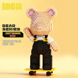 Bombgo Pixel Huanhuan Skateboarding Medium Bear Building Block 3150 pcs Bear Toys Birthday Christmas Gift Educational Trendy Decoration Cool Family Bonding Toy BlackFriday Christmas