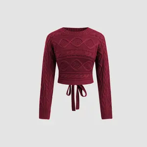 Cider [4 colors, size 0-10] Cable Knit Round Neckline Cut Out Knotted Long Sleeve Top