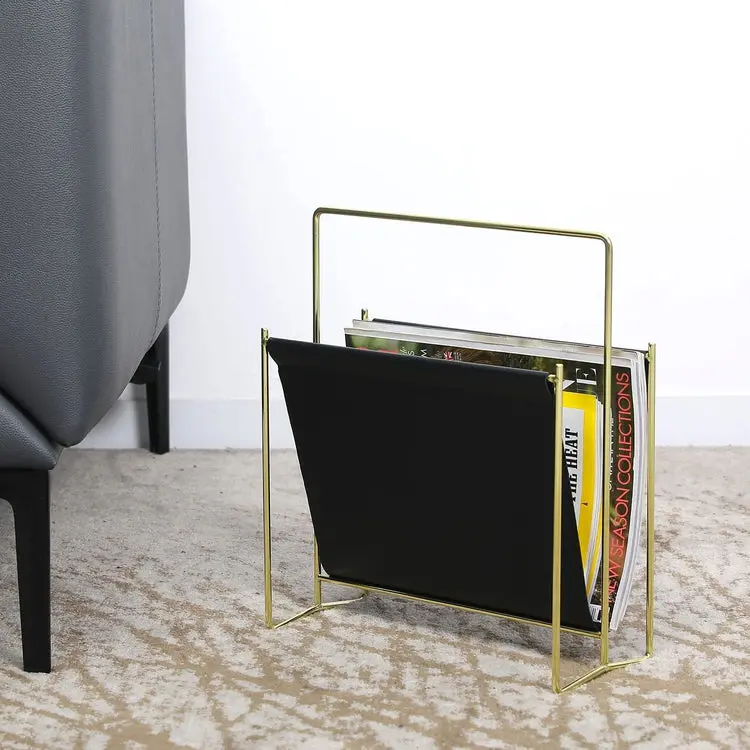 Brass Plated Wire and Black Leatherette Sling Rack, Freestanding Magazine Holder