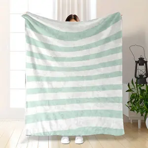 1Pc Soft Mint Green Striped Blanket 60X80 Inch |   Cozy Flannel Throw With Elegant Stripe Pattern, Perfect For Cozy Sofa, Bedroom, Office & Travel, Machine Washable, All-Season Use, Polyester